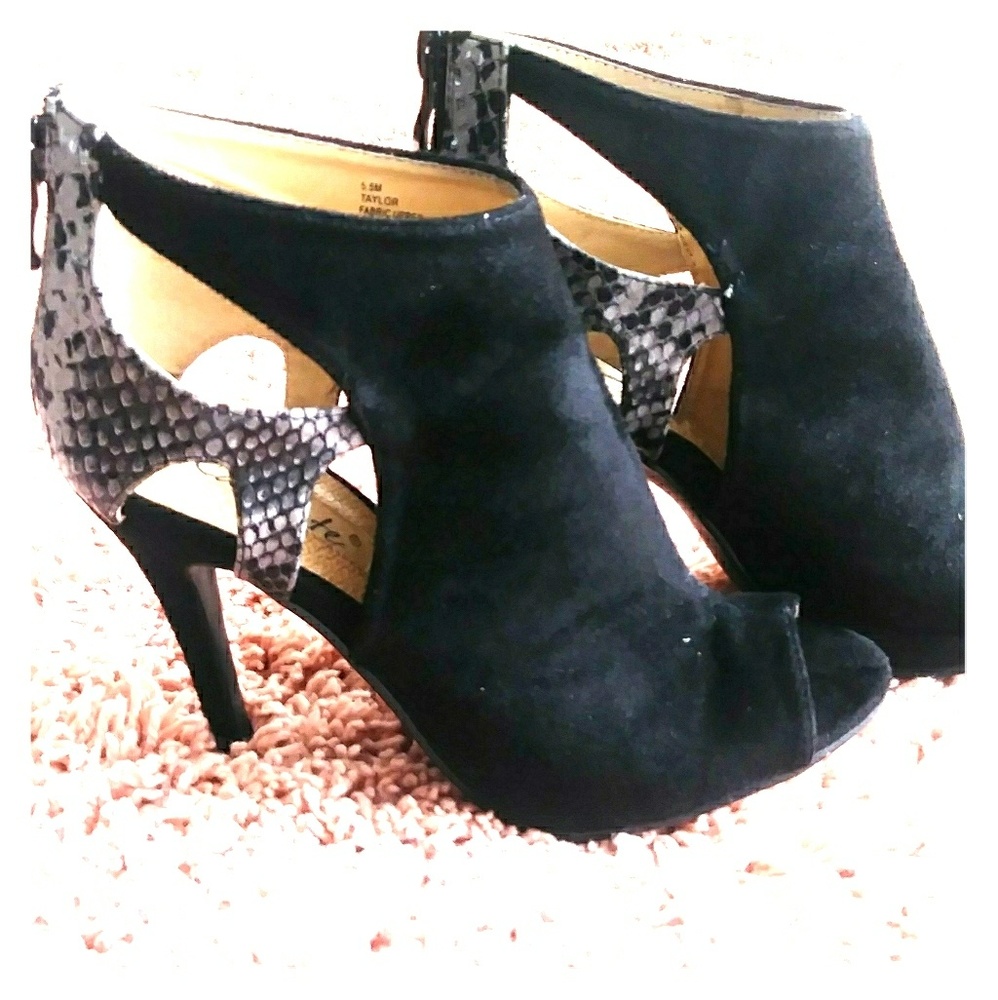 Caliente black and snake skin peep toe booties